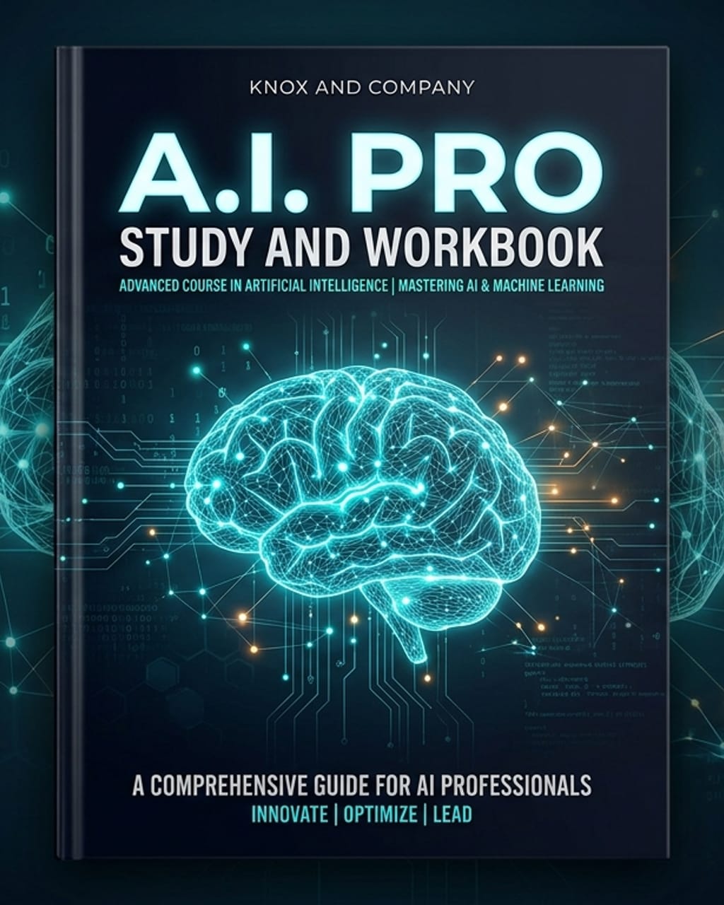 Cover of the A.I. Pro Study and Workbook by Knox and Company, featuring a glowing wireframe brain on a dark circuit-board background